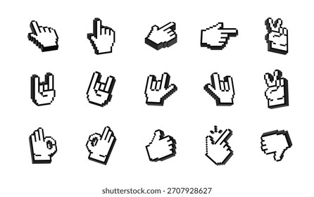 Pixel Art Hand Gestures 3D Icon emoji emoticon Set de Vectores de pegatinas