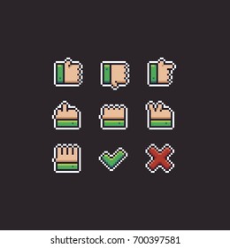 Pixel art hand gestures 8bit retro icons with black and white outlines on dark background