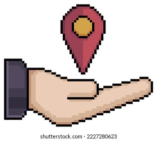 Mano de arte de píxeles con GPS y icono de localización vectorial icono para juego de 8 bits en fondo blanco