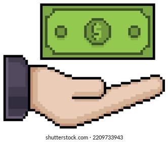 
Pixel Art Hand, die eine Banknote hält, Geld, Vektorsymbol für 8bit Spiel auf weißem Hintergrund