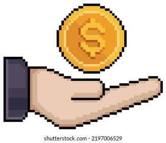 
Pixel Art Hand Holding Coin. Money In Hand Vector Icon For 8bit Game On White Background 
