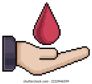 Pixel art hand holding drop of blood, blood donation vector icon for 8bit game on white background