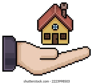 Icono del vector de la casa de retención de la mano del arte de la imagen para juego de 8 bits en fondo blanco