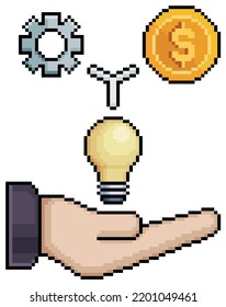 Pixel art hand holding light bulb, coin and gear vector icon for game on white background