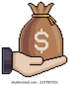 Pixel art hand holding money bag. Coin bag over hand vector icon for 8bit game on white background 

