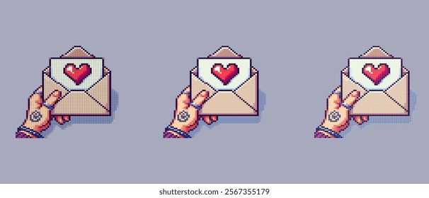 Pixel art of a hand holding an open envelope with a red heart inside on a light purple background for Valentine's Day.