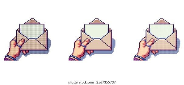 Pixel art of a hand holding an open envelope with a piece of paper inside, adorned with rings and bracelets, against a light background.