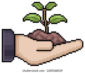 Pixel art hand holding plant vector icon for 8bit game on white background