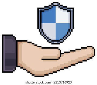 Pixel Art Hand Holding Shield Vector Icon For 8bit Game On White Background