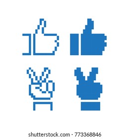 Pixel Art Hand Icon Set. Like And Peace Signs. Vector Outline and Filled Shapes