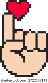 Pixel Art Mano apuntando con el corazón, estilo retro del juego, Vector mínimo plano, rojo beige