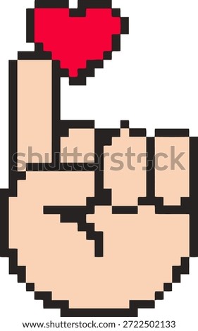 pixel art hand pointing with heart, retro gaming style, flat minimal vector, red beige