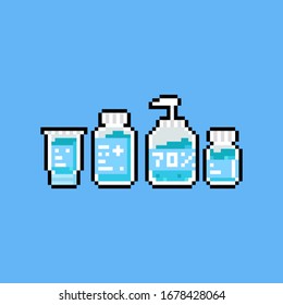 Pixel art hand sanitizer gel icon set 