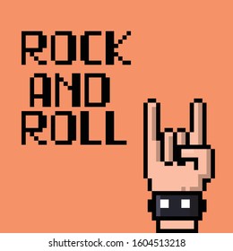 Pixel art hand sign rock n roll music. Vector illustration.