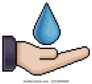 Pixel art hand with water drop vector icon for 8bit game on white background