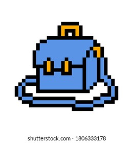 Bolso de arte de píxeles aislado sobre fondo blanco. 8 bits de cuero azul sobre el icono de la bolsa de la escuela de hombro. Accesorio de moda para mujeres. Máquina de tragaperras retro de la vieja escuela 80-90 y gráficos de videojuegos.