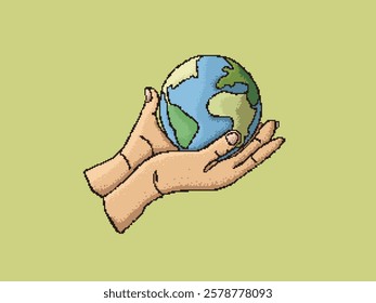 Pixel Art Hands hold earth to shows the concept of eco vector illustration graphic EPS 10