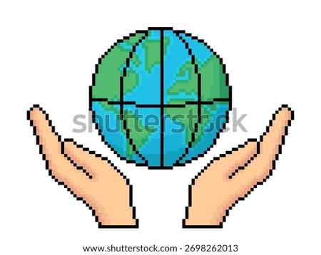 Pixel art hands holding Earth icon. Pixelated vector illustration of planet in hands. Save our planet. World Environment day or Earth day concept