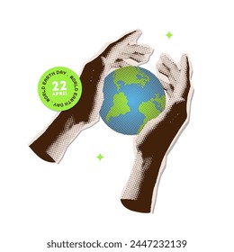 Pixel art of hands holding globe. 22 April is World Earth day. Hands saving the planet concept. Torn out paper halftone collage art. Nostalgia vector illustration.