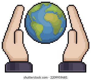 Pixel art hands holding planet earth vector icon for 8bit game on white background