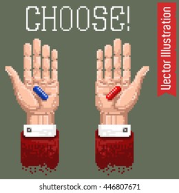 Pixel art hands showing red and blue tablets. Vector illustration.