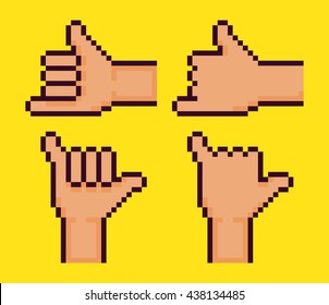 Pixel art hank showing shaka gesture, hang loose, hawaii surf culture gesture