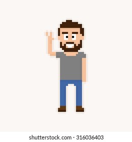 Pixel art happy bearded guy with arm raised