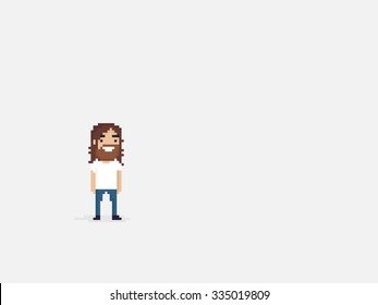 Pixel art happy bearded guy with long hair