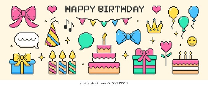 Pixel art happy birthday element set. Y2k trendy pixelated stickers of cake with candles, bowknot, gift boxes with ribbons for presents in 8bit retro style. Party bunting flags, bday icons celebration