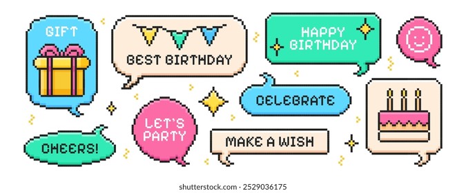 Pixel art happy birthday element set. Y2k trendy pixelated speech bubbles with present gift box with bow, party flags, sparkles, cake and congratulations quotes. Bday talk balloons in 8bit retro style