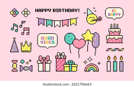 Pixel arte Feliz aniversário elementos coleção de presente caixa, presentes, bolo de férias, balões. Ícones da festa de aniversário (set 1). Y2k adesivos de férias de pixel moderno. Ícones de estilo de jogo de 8 bits em vetor