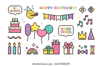 Pixel art Happy Birthday elements collection of present box, gifts, holiday cake, balloons. Birthday party icons on white background. Y2k trendy pixel holiday stickers. 8-bit game icons in vector