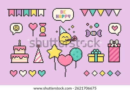 Pixel art Happy Birthday elements collection of present box, gifts, holiday cake, balloons. Birthday party icons (set 2). Y2k trendy pixel holiday stickers. 8-bit game style icons in vector