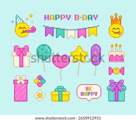Pixel art Happy Birthday elements collection of present box, gifts, holiday cake, balloons. Birthday party icons in bright colors. Y2k trendy pixel holiday stickers. 8-bit game icons in vector