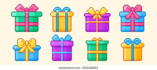 Pixel art happy birthday gift boxes set with lids and ribbon bows. Y2k trendy pixelated icons of color present packages with bowknots in 8bit retro style. Holiday packaging for bday party or surprises