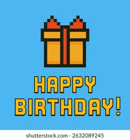 Pixel art Happy Birthday greeting card with gift box and colorful background