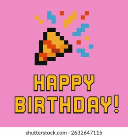 Pixel art Happy Birthday greeting card with party popper and colorful background