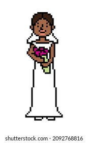 Pixel Art Happy Bride With Flowers On A Wedding Day, 8 Bit Black Girl Character Isolated On White Background. Fiancee In A Dress And Veil. Woman Getting Married. Retro 2d Game, Slot Machine Graphics