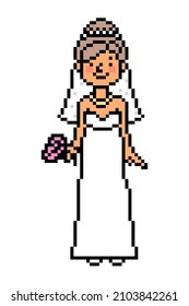 El arte de los píxeles feliz novia con flores en un día de boda, personaje de niña de 8 bits aislado de fondo blanco. Fianza en un vestido y velo. Mujer casándose. Viñeta retro 2d, gráficos de máquina tragaperras