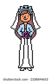 El arte de los píxeles feliz novia con flores en un día de boda, personaje de niña de 8 bits aislado de fondo blanco. Fianza en un vestido y velo. Mujer casándose. Viñeta retro 2d, gráficos de máquina tragaperras