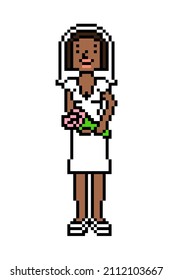 Pixel Art Happy Bride With Flowers On A Wedding Day, 8 Bit Black Girl Character Isolated On White Background. Fiancee In A Dress And Veil. Woman Getting Married. Retro 2d Game, Slot Machine Graphics