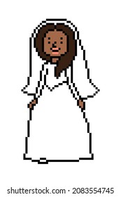 Pixel Art Happy Bride On A Wedding Day, Black Girl Character Isolated On White Background. Fiancee In A Long White Dress And Veil. Young Woman Getting Married. Retro 2d Game, Slot Machine Graphics.