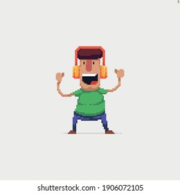 Pixel art happy character listening music in headphones