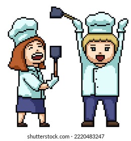 pixel art of happy chef kitchen