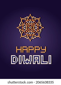 Pixel art Happy Diwali banner. 8 bit mandala on dark violet background, hindu holiday print. Indian festival of lights card. Old school retro 80s, 90s 2d computer, video game, slot machine grapics.