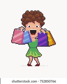 Pixel art happy girl with shopping bags