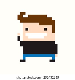 Pixel art happy guy with arm raised
