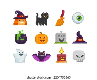 Pixel Art Happy halloween cartoon objects isolated vector collection.  Set of Cute Witch, Ghost, Eye, Bat in 8-bit retro computer game style. Happy Halloween icons 