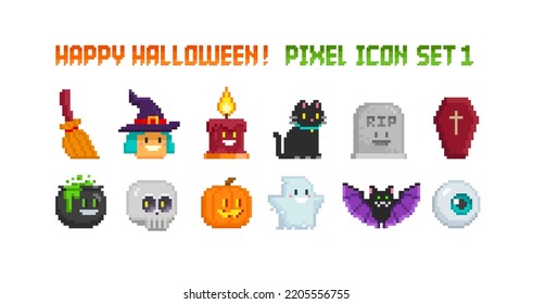 Pixel art Happy halloween items set. Witch, ghost, night cat, , skull, pumpkin, bat, ghost. Halloween icons and symbols in retro 8-bit game style