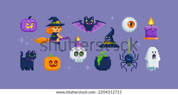 Pixel art Happy halloween items set.\
Witch, ghost, night cat, spider, skull, pumpkin, bat, ghost.\
Halloween icons and symbols in retro 8-bit game\
style